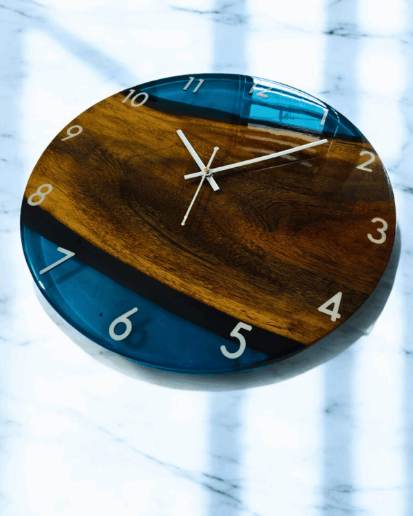 Handcrafted Epoxy Resin Wall Clock – Ocean Blue & Walnut Wood - Image 3