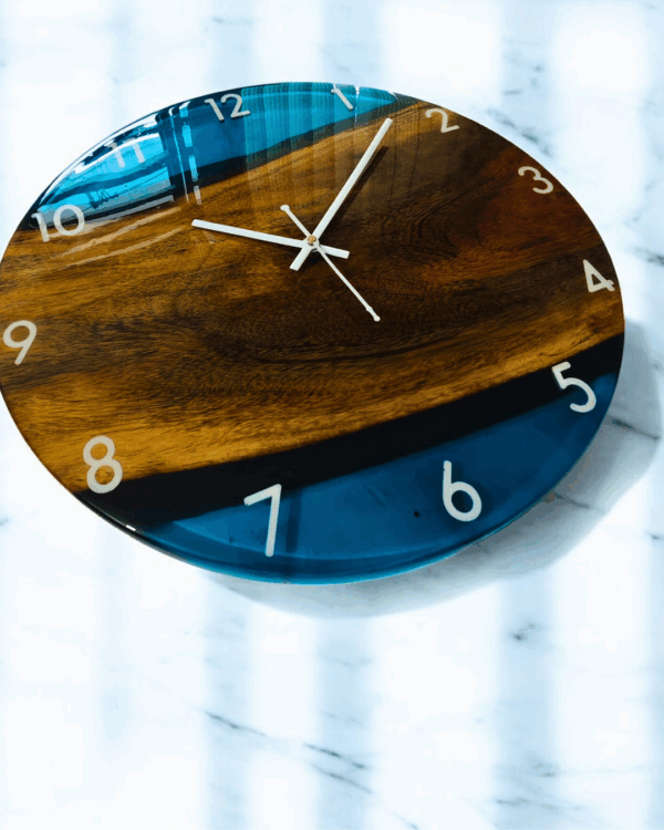 Handcrafted Epoxy Resin Wall Clock – Ocean Blue & Walnut Wood - Image 2